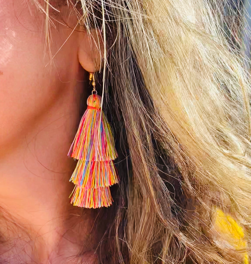 LA BOHÉME 3-Tiered Silk Tassel Drop Earrings in Rainbow Delight