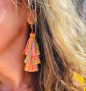 LA BOHÉME 3-Tiered Silk Tassel Drop Earrings in Rainbow Delight