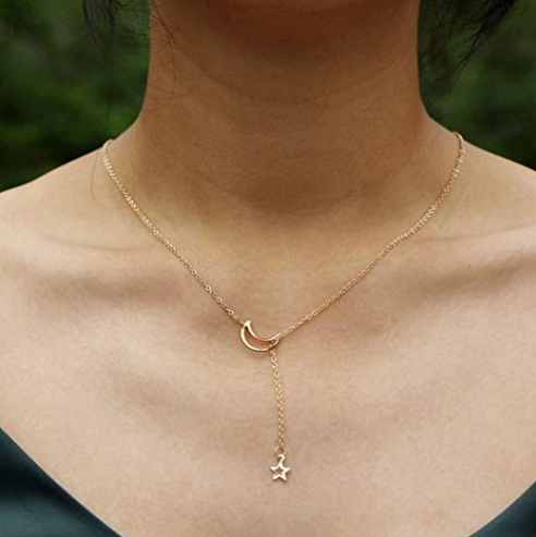 LUNA Gold Star & Moon 14K Plated Lariat Necklace