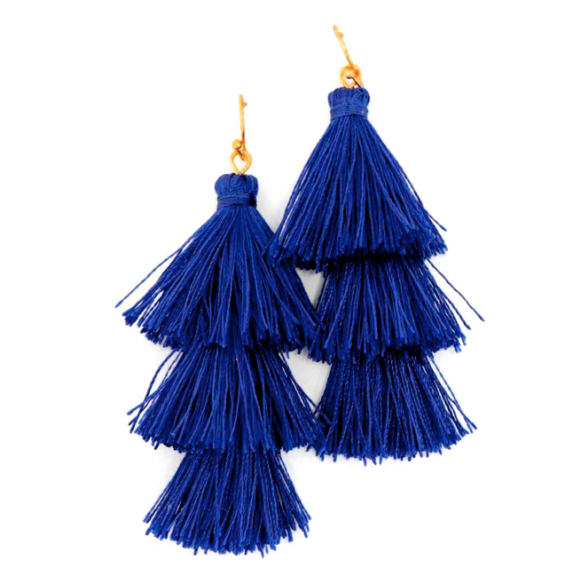 LA BOHÉME 3-Tiered Silk Tassel Drop Earrings in Cobalt