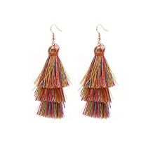 Load image into Gallery viewer, LA BOHÉME 3-Tiered Silk Tassel Drop Earrings in Rainbow Delight
