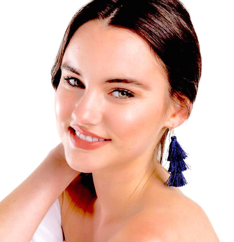 LA BOHÉME 3-Tiered Silk Tassel Drop Earrings in Cobalt